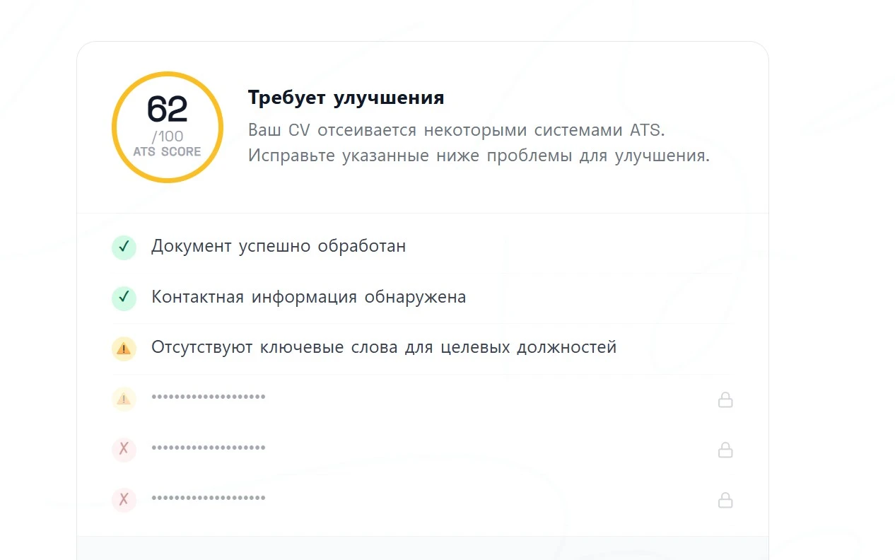 Скриншот анализа резюме в Loopcv: 62 из 100
